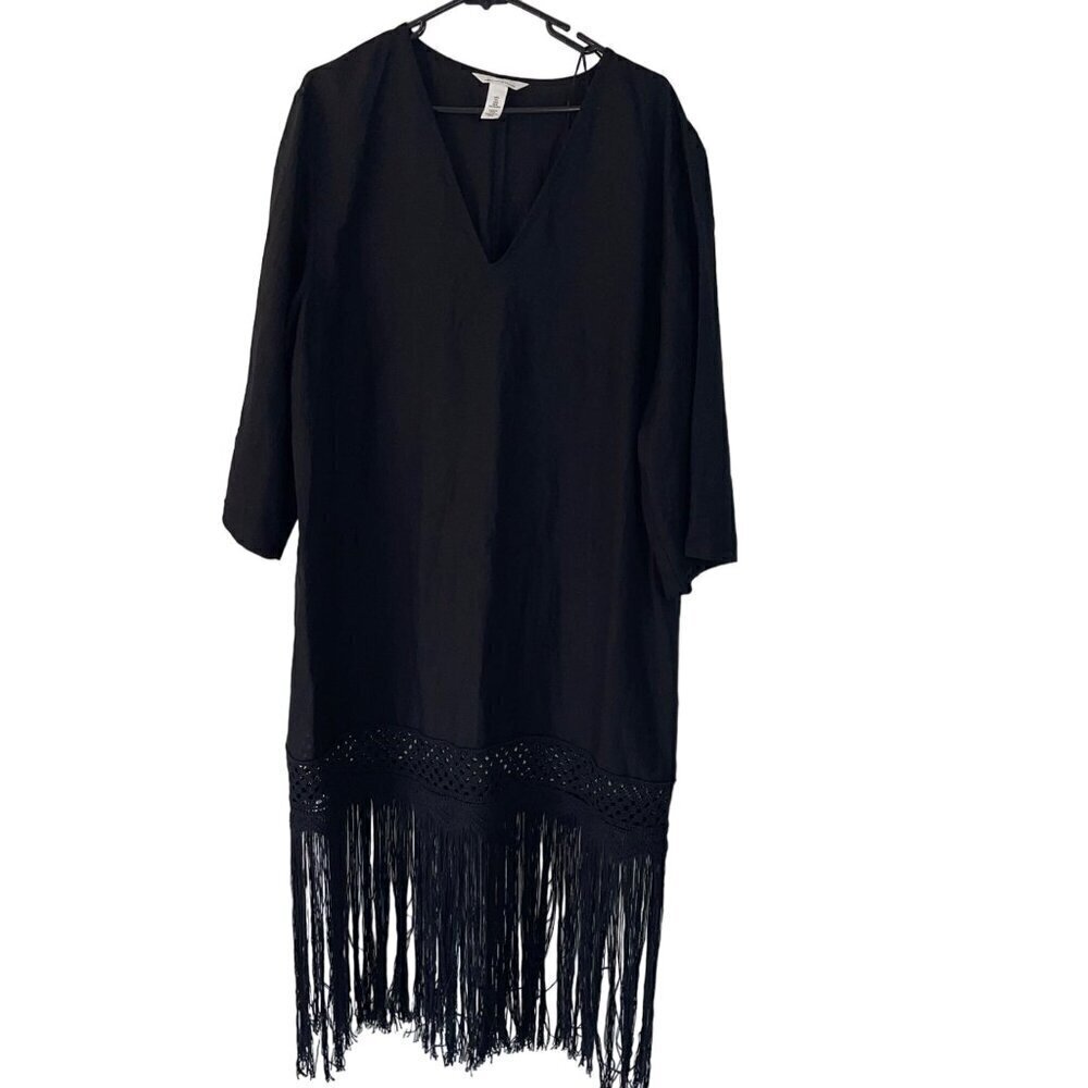 H M Womens Dress Size Large Black Long Fringe Trimmed Midi V Neck Casual